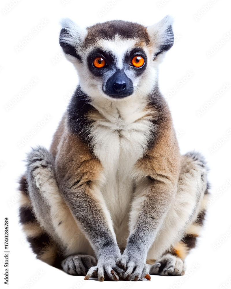 Naklejka premium Ringtailed lemur sitting upright isolated on transparent background with bright eyes and fluffy tail