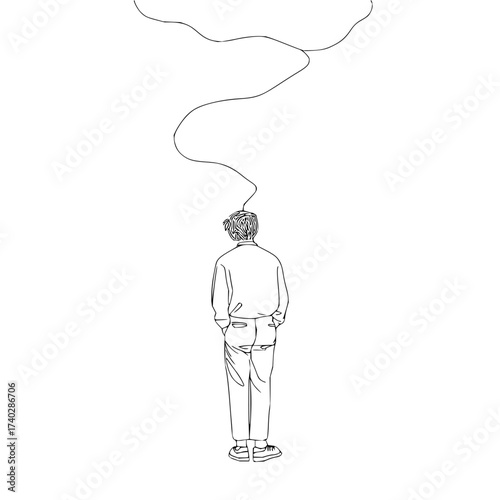 A person standing with their back turned and a line coming from their head to the top of the image space