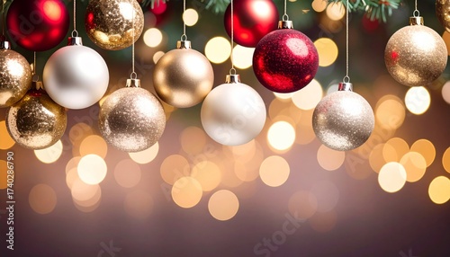 Christmas Tree Ornaments with Golden Bokeh Holiday Lights. Festive, Seasonal, Banner, December, New Year.