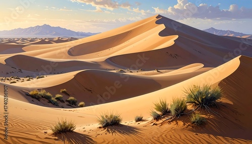 Scenic Desert Landscape with Sand Dunes and Dramatic Sky