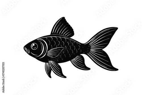 Stylized Black and White Line Drawing of Goldfish, Minimalist Aquatic Vector for Design and Education
