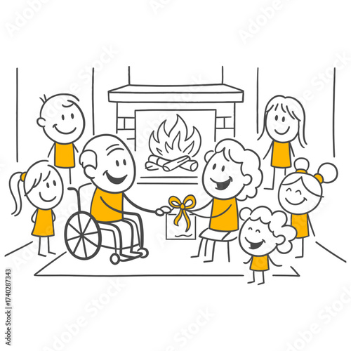 Grandfather and Grandchildren's Special Gathering by the Fireplace: A Warm Embrace.