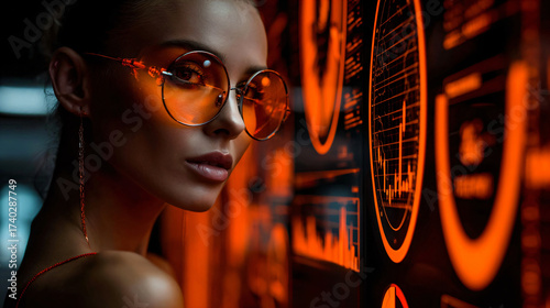 futuristic fintech analyst with augmented reality glasses, young woman interacting with floating currency charts, modern financial power scene with sharp orange wall