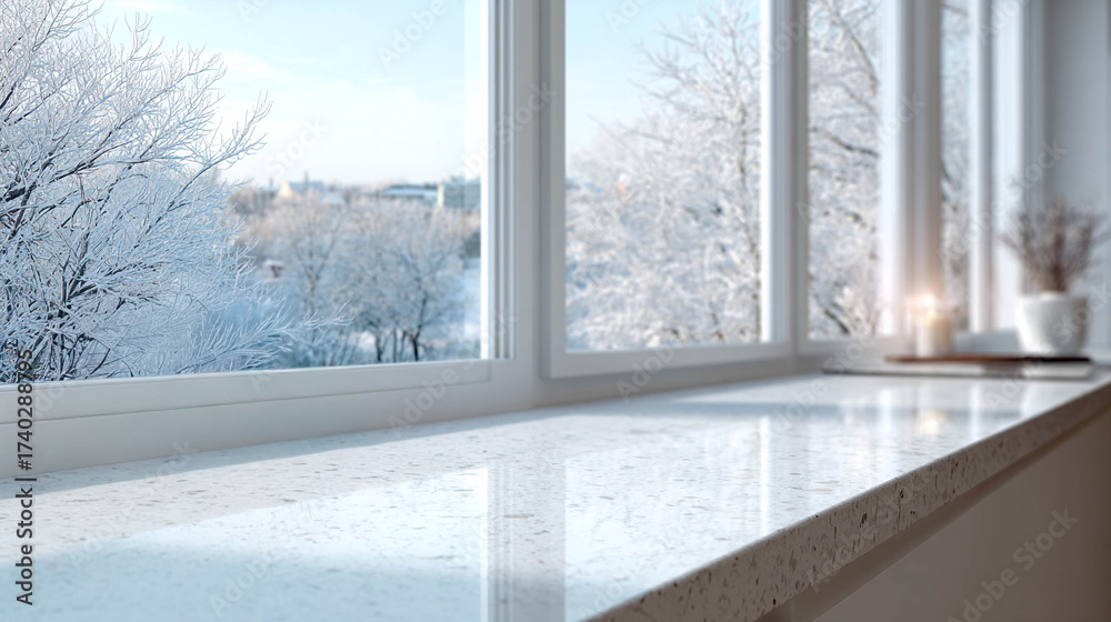 Fototapeta premium A white counter in front of a bright window with a winter landscape view and sunlight reflection