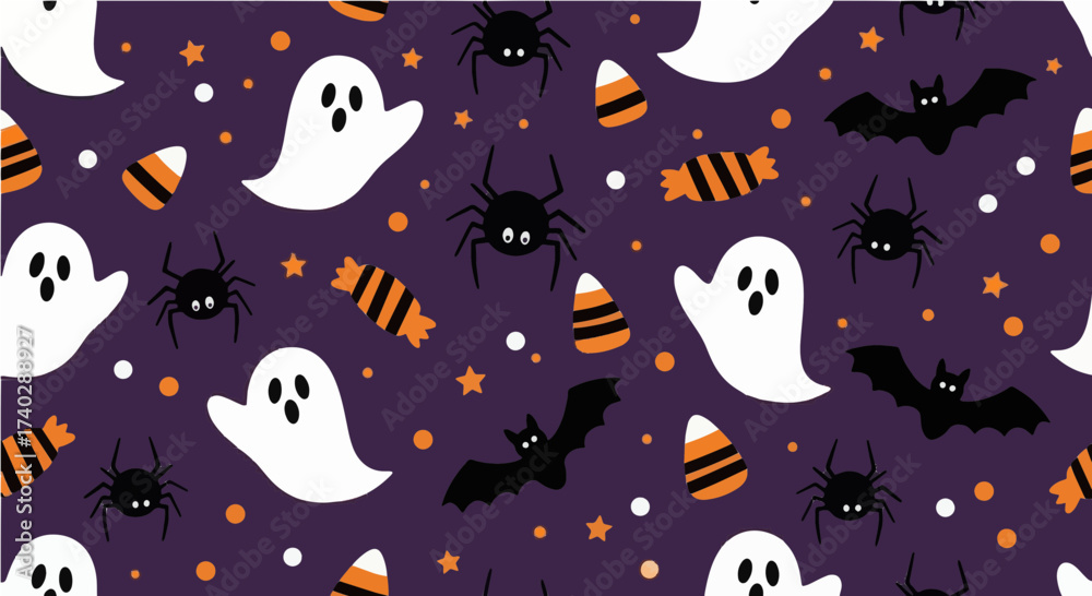 Obraz premium Halloween themed pattern with ghosts bats spiders stars and candy on a purple background seamless design