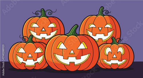 A group of five halloween pumpkins with carved faces and glowing lights on a purple background scene design