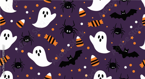 Halloween themed pattern with ghosts bats spiders stars and candy on a purple background seamless design