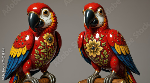 Porcelain parrot figurines with floral patterns