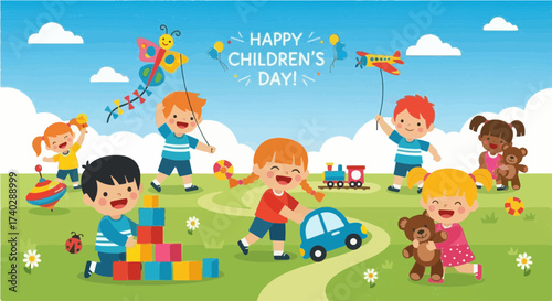 Happy children playing with toys and kites on a sunny day celebrating children's day with joy and happiness
