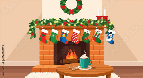 A cozy christmas scene featuring a fireplace adorned with stockings and festive decorations in a warm room