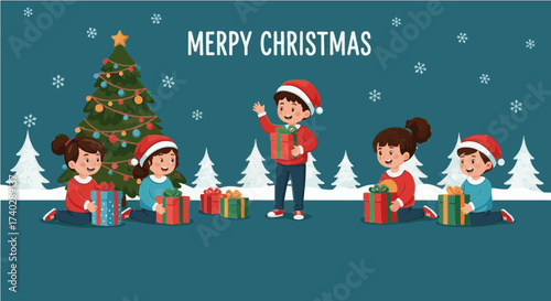 A christmas scene with children gifts and a christmas tree under the falling snow in a winter landscape