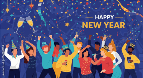 Illustration of a new year celebration with people confetti and champagne glasses on a blue background