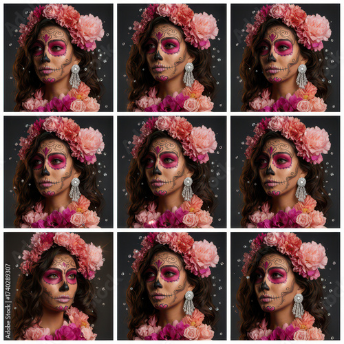 Floral sugar skull portrait with vibrant roses