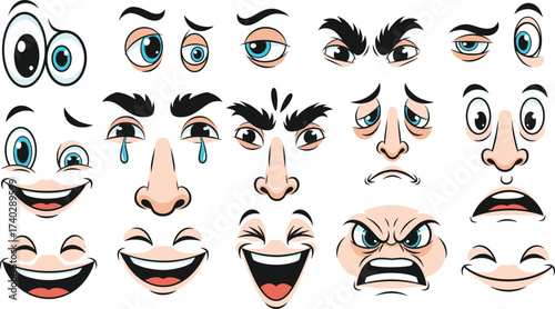 Cartoon Facial Expression Icon Set Featuring Emotions Like Anger, Joy, Sadness, Surprise, Confusion for Character Design Vector Pack