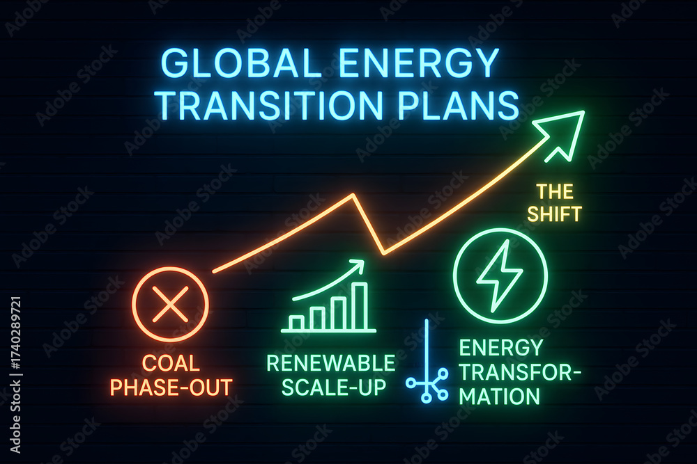 Fototapeta premium Renewable Energy Transition Infographic with Sustainable Power Sources and Green Technology for Environmental Reports