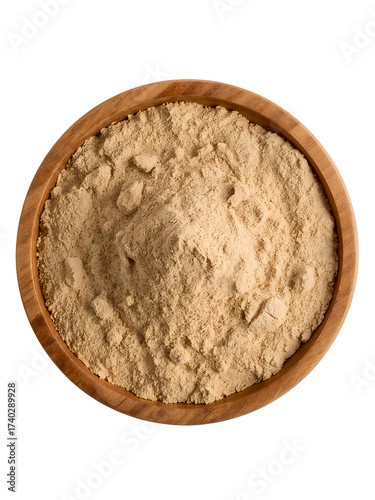 Wooden bowl filled with light brown powder against black background isolated on a transparent background