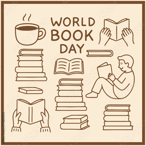 World book day celebration with books and coffee illustration