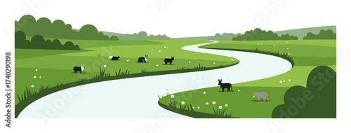 River Valley Landscape Vector Illustration