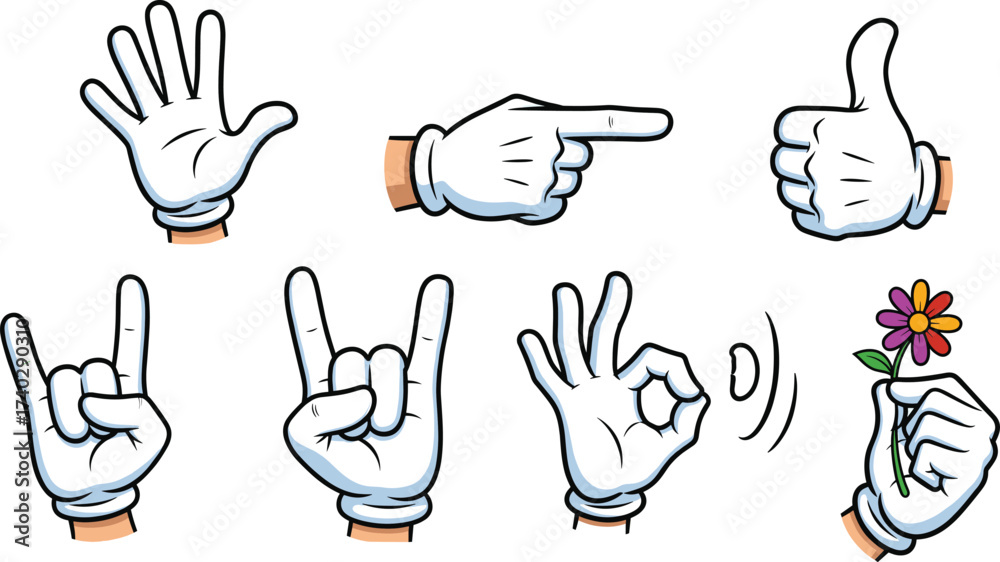 Fototapeta premium Cartoon White Glove Hand Icon Set Featuring Gestures Like Pointing, Thumbs Up, OK Sign, Flower Hold for Vector Design