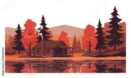 Lakeside Cabin in Autumn Forest Vector Illustration