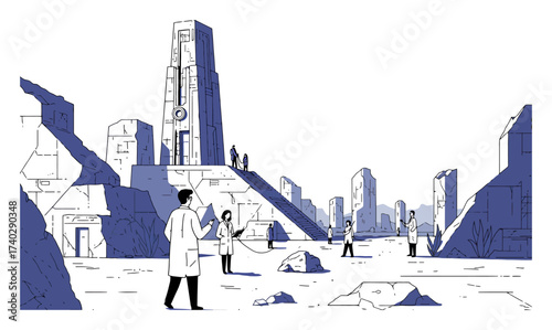 Ancient Civilization Ruins Exploration - Vector Illustration