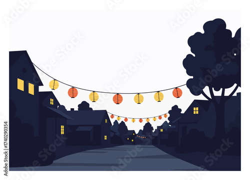 Dusk Village Street with Lanterns Vector Illustration