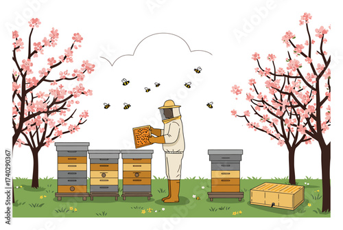 Beekeeper in Orchard: Minimalist Vector Illustration