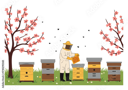 Beekeeper in Orchard: Minimalist Vector Design