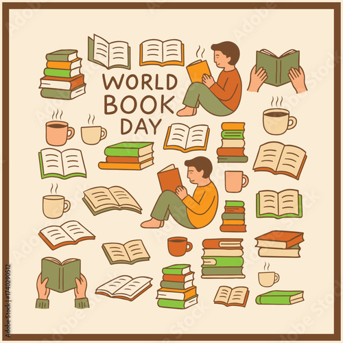 World book day celebration with children reading books and drinking coffee