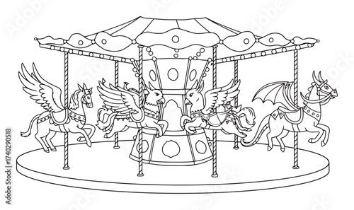 Whimsical Carousel with Griffins & Dragons, Vector Art