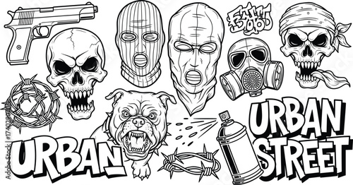 Urban rebellion vector set with masked faces, skulls, bulldog, handgun, barbed wire, graffiti text, and street culture icons