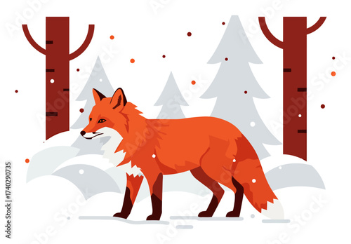 Red Fox in Snowy Forest - Minimalist Vector Illustration