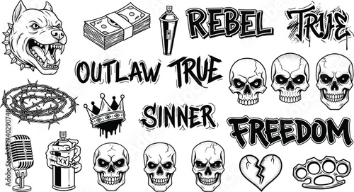Tattoo-style vector set with skulls, dog head, microphone, crown, broken heart, brass knuckles, rebel text, and street icons