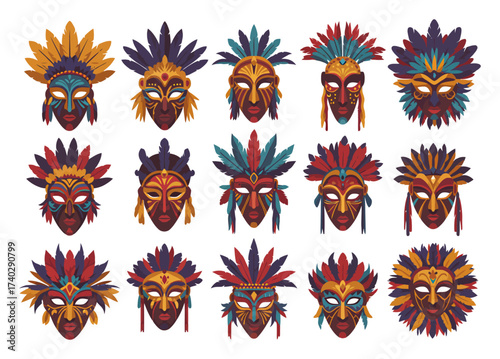Diverse Festival Masks - Minimalist Vector Art