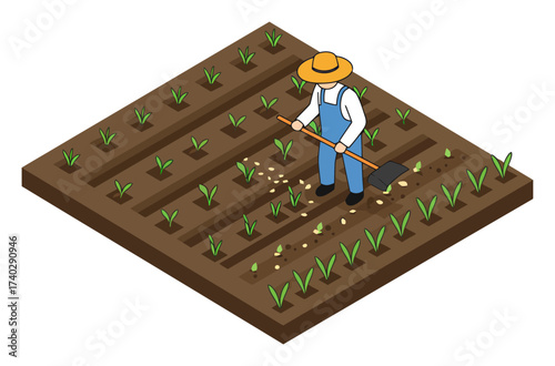 Isometric Farmer Planting Crops - Minimalist Vector