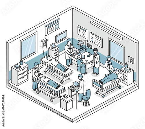 Isometric hospital intensive care unit (ICU) illustration. Doctors and medical staff treating patients with modern equipment in an emergency room. Healthcare vector concept.