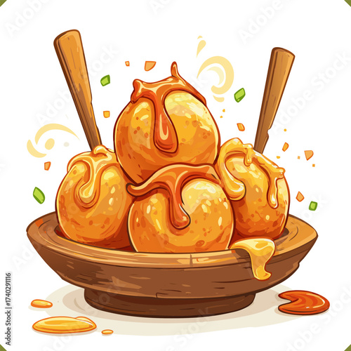 Vector illustration of Japanese takoyaki balls on wooden skewers with sauce and toppings, isolated on a white background