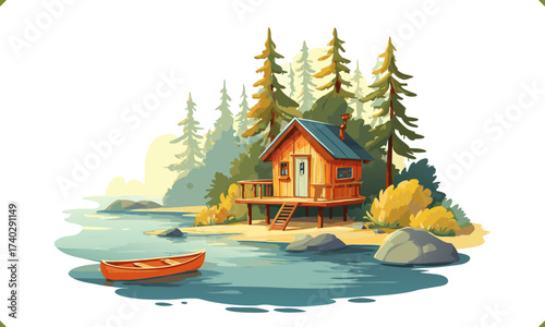 Vector illustration of a small wooden cabin by the lake with canoe and pine trees, isolated on a white background