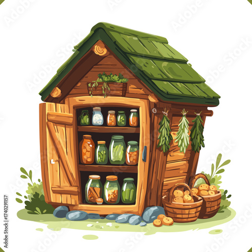 Vector illustration of small wooden food storage with jars of preserves and baskets of potatoes, isolated on white background