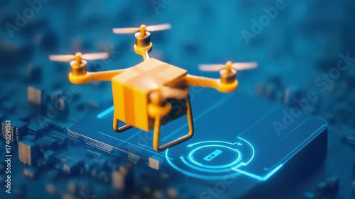 Wallpaper Mural Orange delivery drone on futuristic digital platform with cityscape background Torontodigital.ca