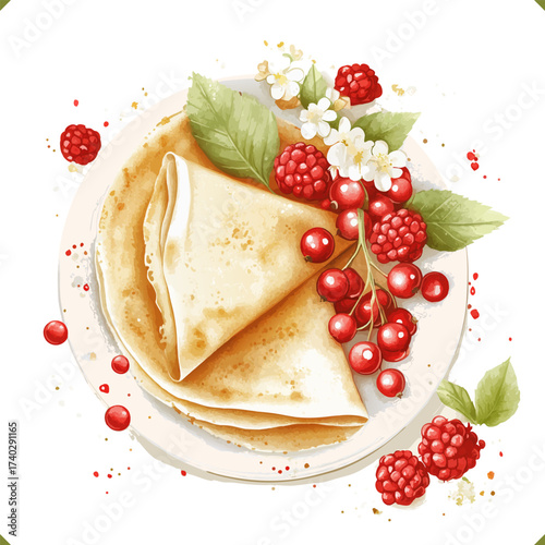 Vector illustration of folded crepes stacked in a pile with crumbs and berries, isolated on a white background