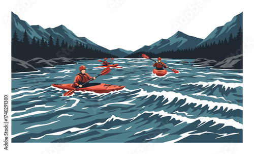Kayakers on Mountain River Rapids - Vector Art