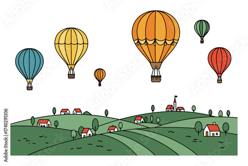Hot Air Balloons Over Rolling Hills Vector Illustration