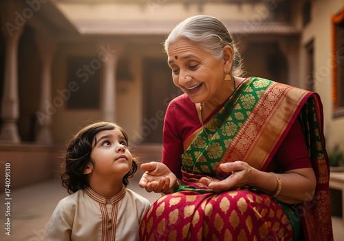 Heartwarming candid low-angle shot of diverse Indian grandmothers sharing Diwali wisdom with eager children in a serene village courtyard, bathed in soft diffused daylight.