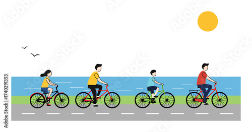 Family Cycling Coastal Path Vector
