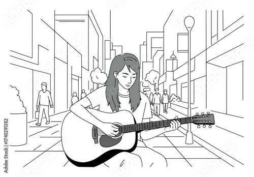 Guitar Player on City Sidewalk - Minimalist Vector Illustration