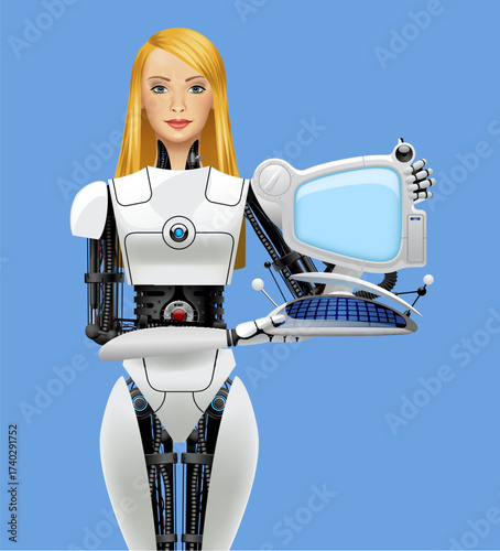A beautiful blonde biorobot girl stands in front and holds a fictional computer with a glowing screen in her hands. Vector realistic illustration in 3d style