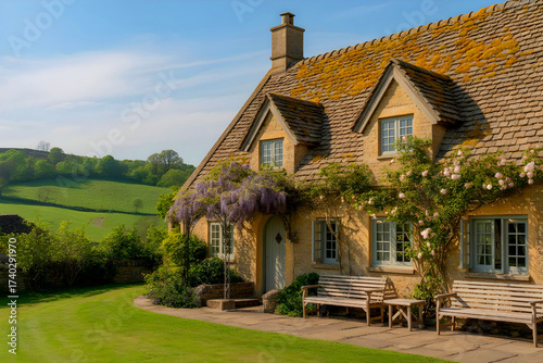 A lovely thatched-roofed country cottage in the springtime in the United Kingdom.