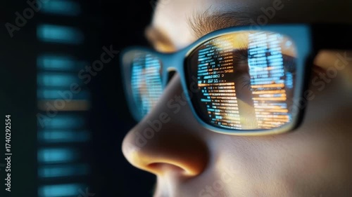 Woman wearing glasses reflecting computer code. Female programmer analyzing software, cyber security concept for website development, technology solution and digital business.