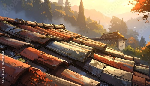 Scenic rooftop view with mountains and trees in a beautiful painting